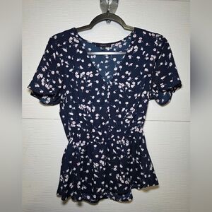 Eclair Navy Floral Short-Sleeve Peplum Blouse